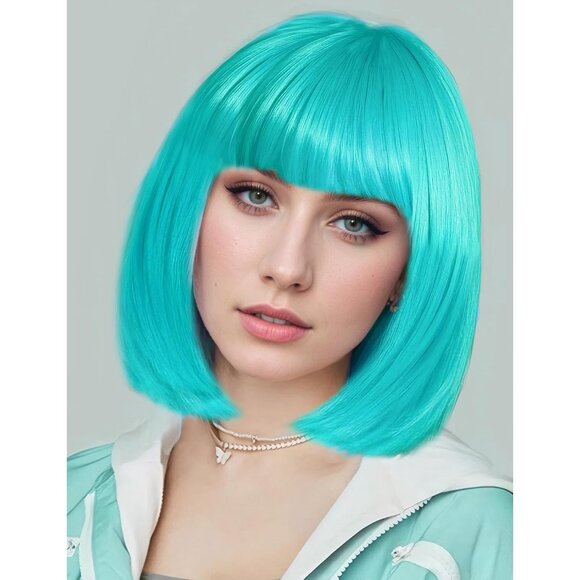 Women's Turquoise 12 Inch Costume Cosplay Party Short Bob Wigs And Sunglass - Picture 5 of 7